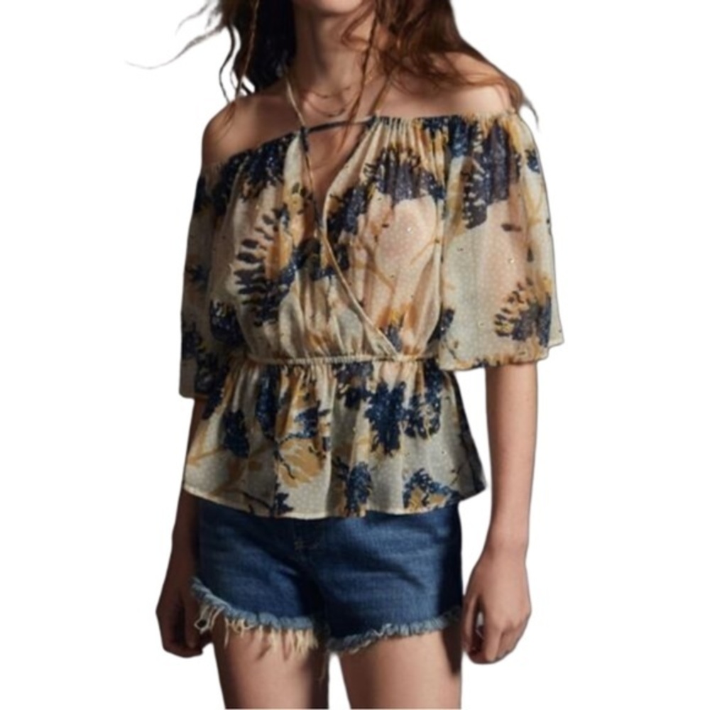 Anthropologie Sheer Beaded Strappy Tie Back Floral Blouse